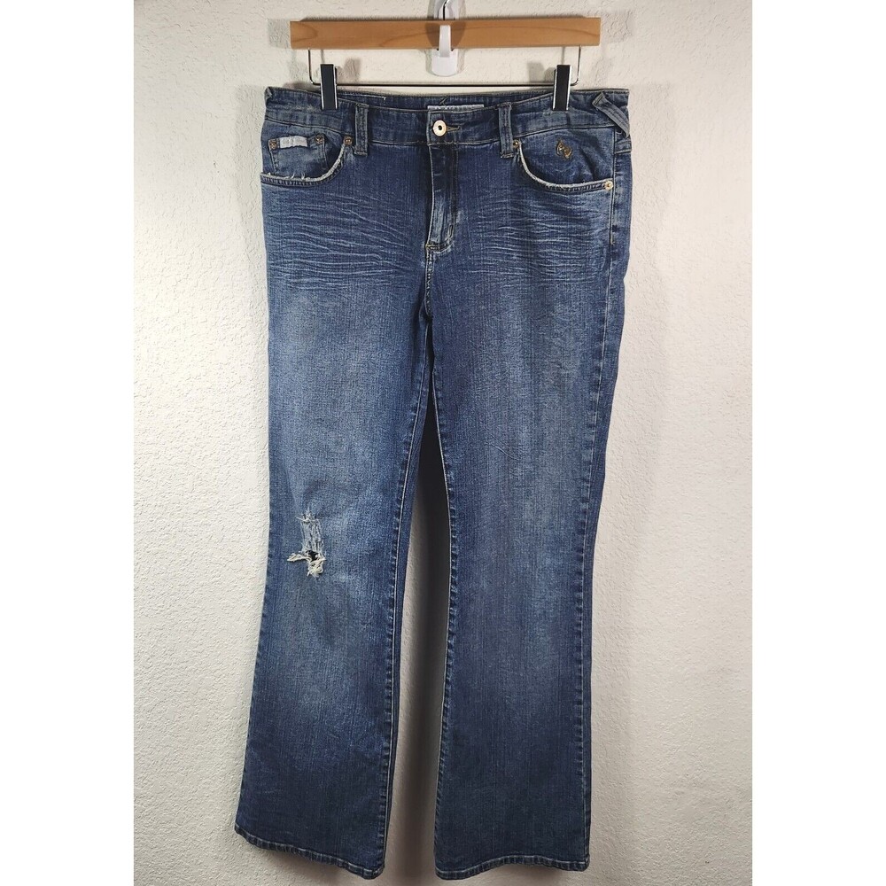 Y2K Baby Phat Distressed Junior Flare Leg  Gold  Logo 5-Pocket Jeans Women Sz 11
